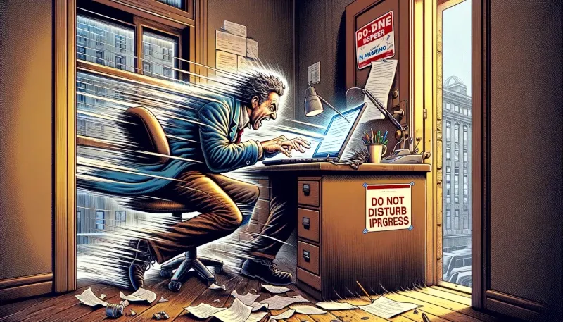 Un homme tape frénétiquement sur un clavier - illustration en style BD.
