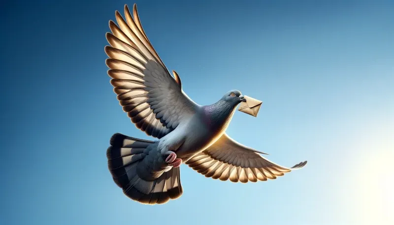 Un pigeon en plein vol, il tient une enveloppe par le bec.