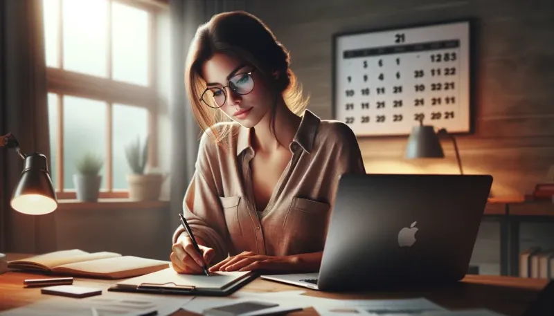 Une jeune femme à une table de travail. Il y a un macbook et des carnets. Un calendrier affiche la date : nous sommes le 21.