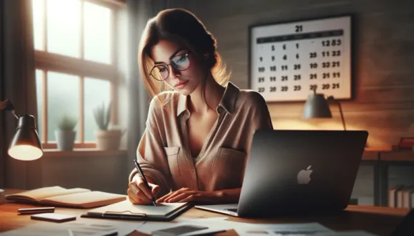 Une jeune femme à une table de travail. Il y a un macbook et des carnets. Un calendrier affiche la date : nous sommes le 21.